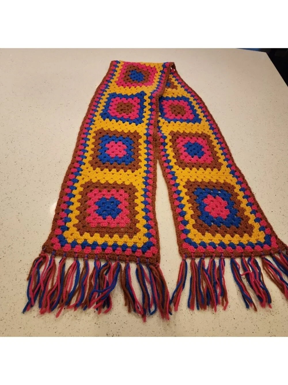Hand Crochet Granny Square Boho Colorful Scarf With Fringe 72